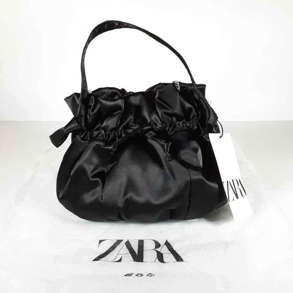 ZARA SATIN EFFECT MINI BUCKET BAG IN BLACK W/ CROSSBODY CHAIN STRAP NEW WITH TAG